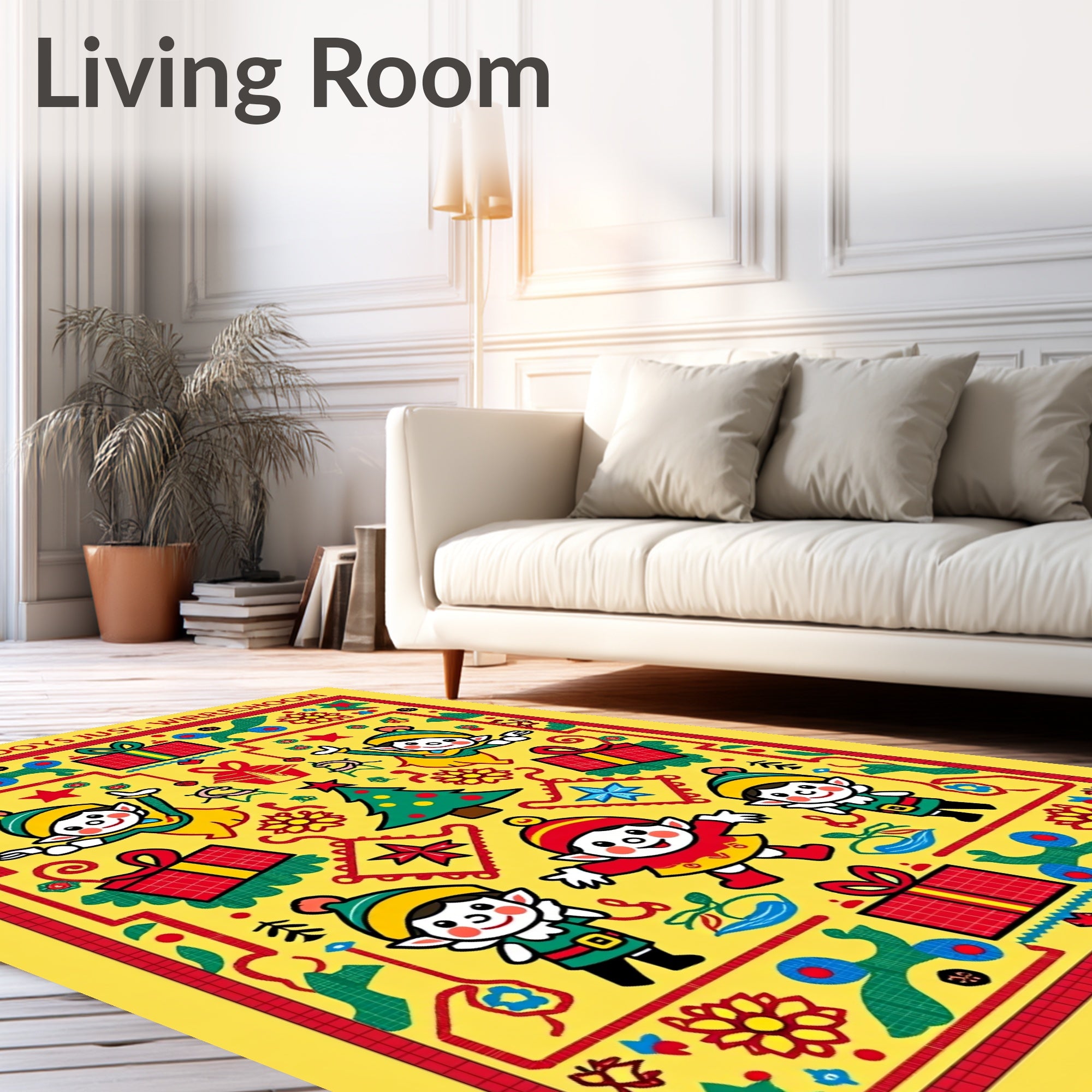 Festive Yellow Elves Christmas Tree Gifts Rug