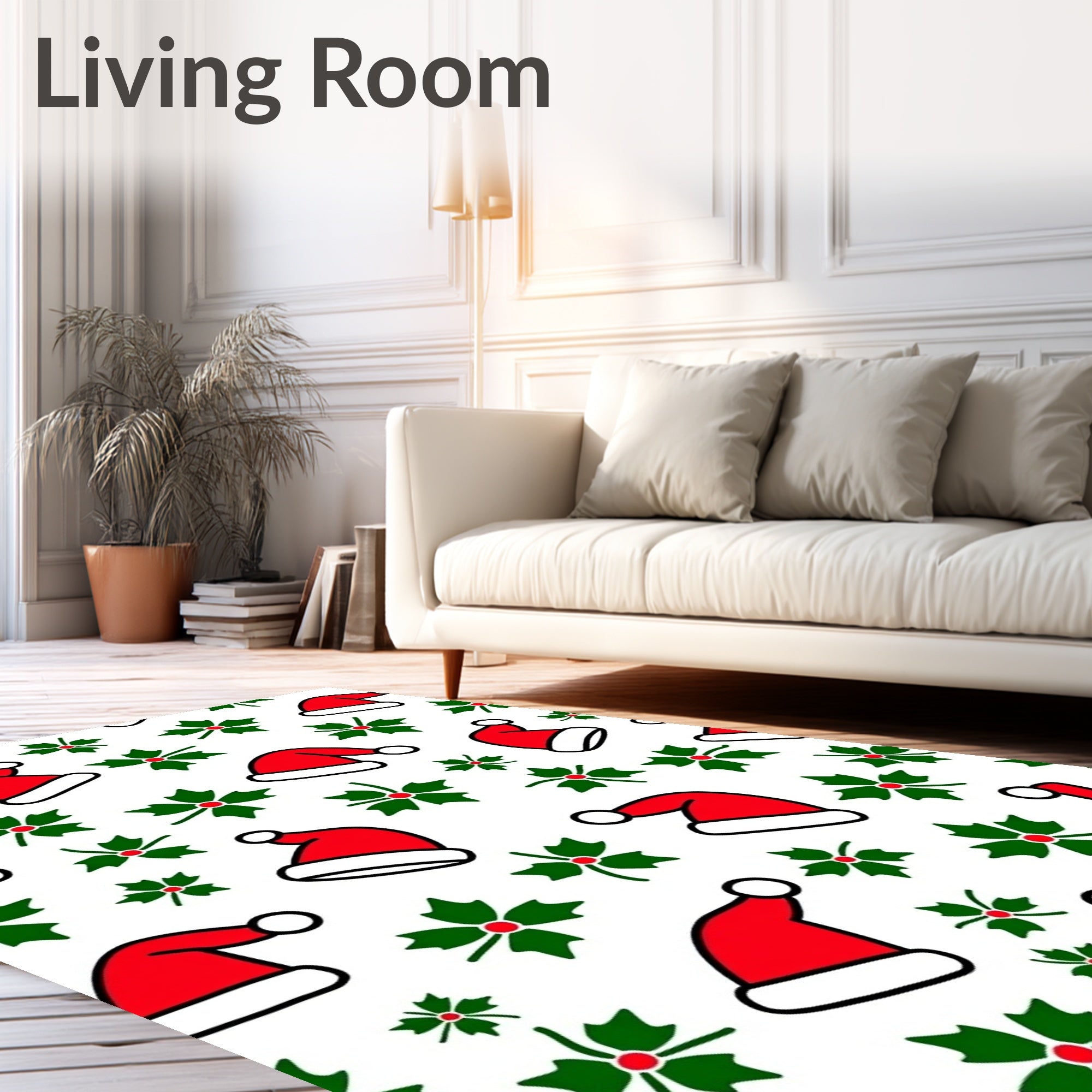 Red Santa Hats Green Holly Festive Rug