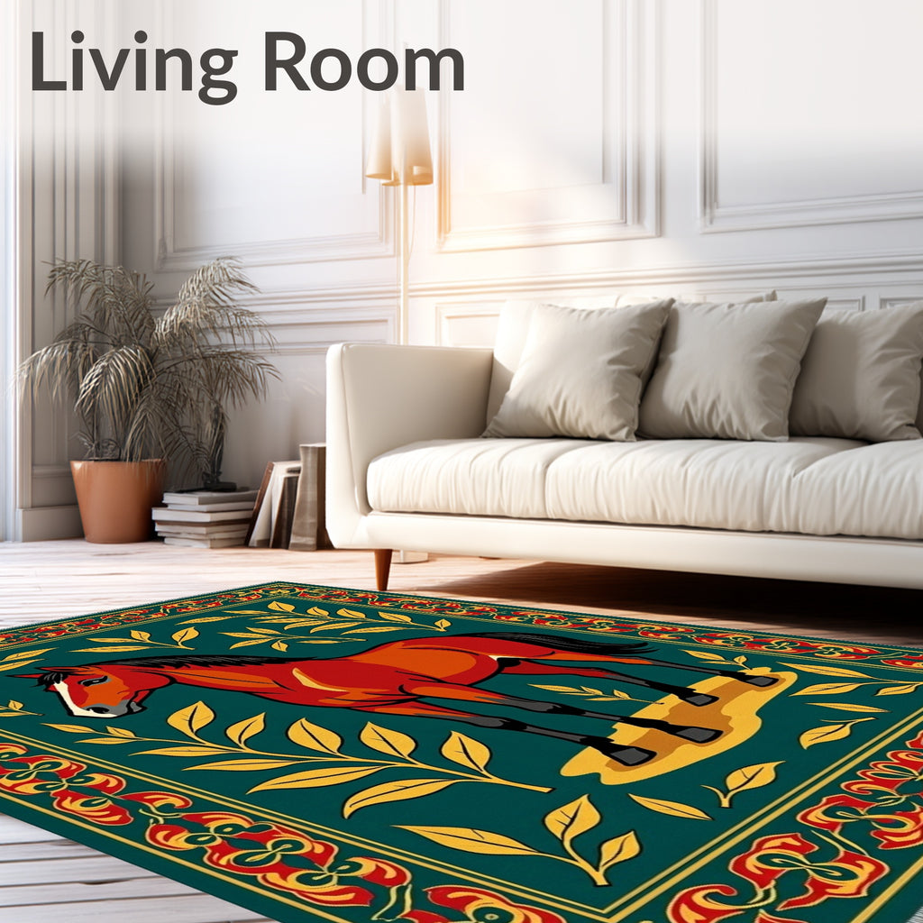 Red Horse Golden Foliage Teal Border Rug