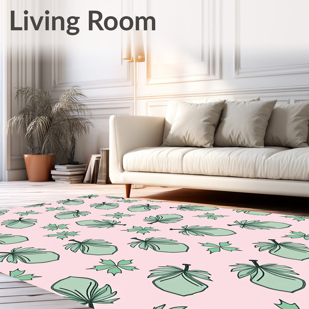 Pale Pink Green Leaf Collage Rug