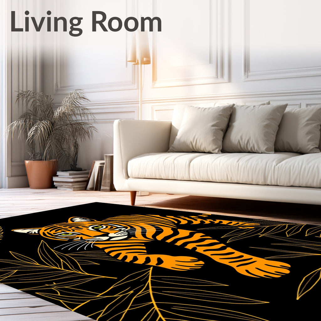 Bold Orange Tiger Jungle Leaves Rug