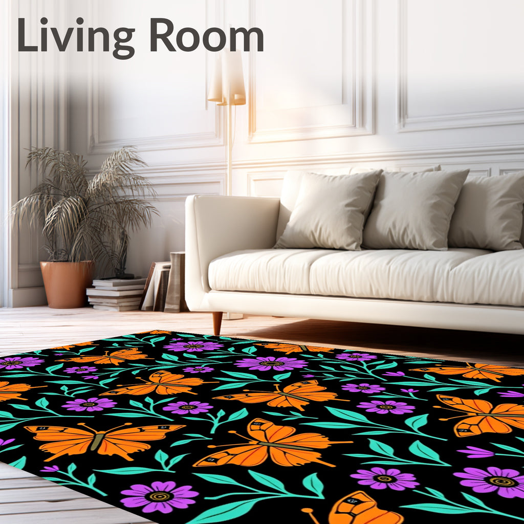 Vibrant Orange Butterfly Floral Garden Rug