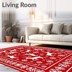 Red White Deer Snowflake Border Rug