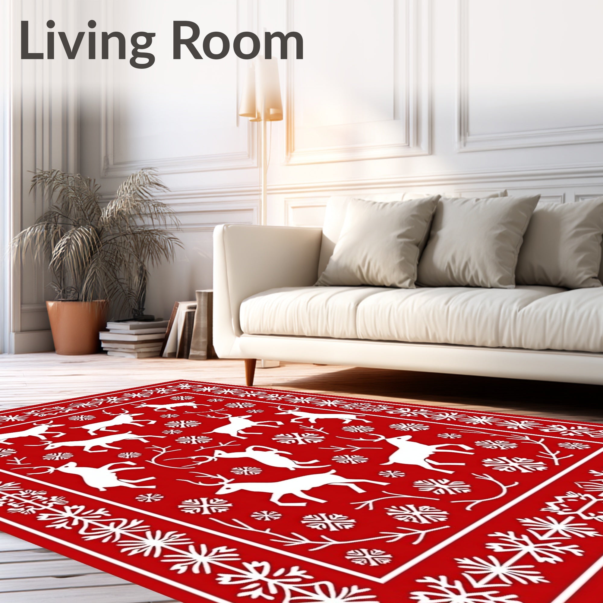 Red White Deer Snowflake Border Rug