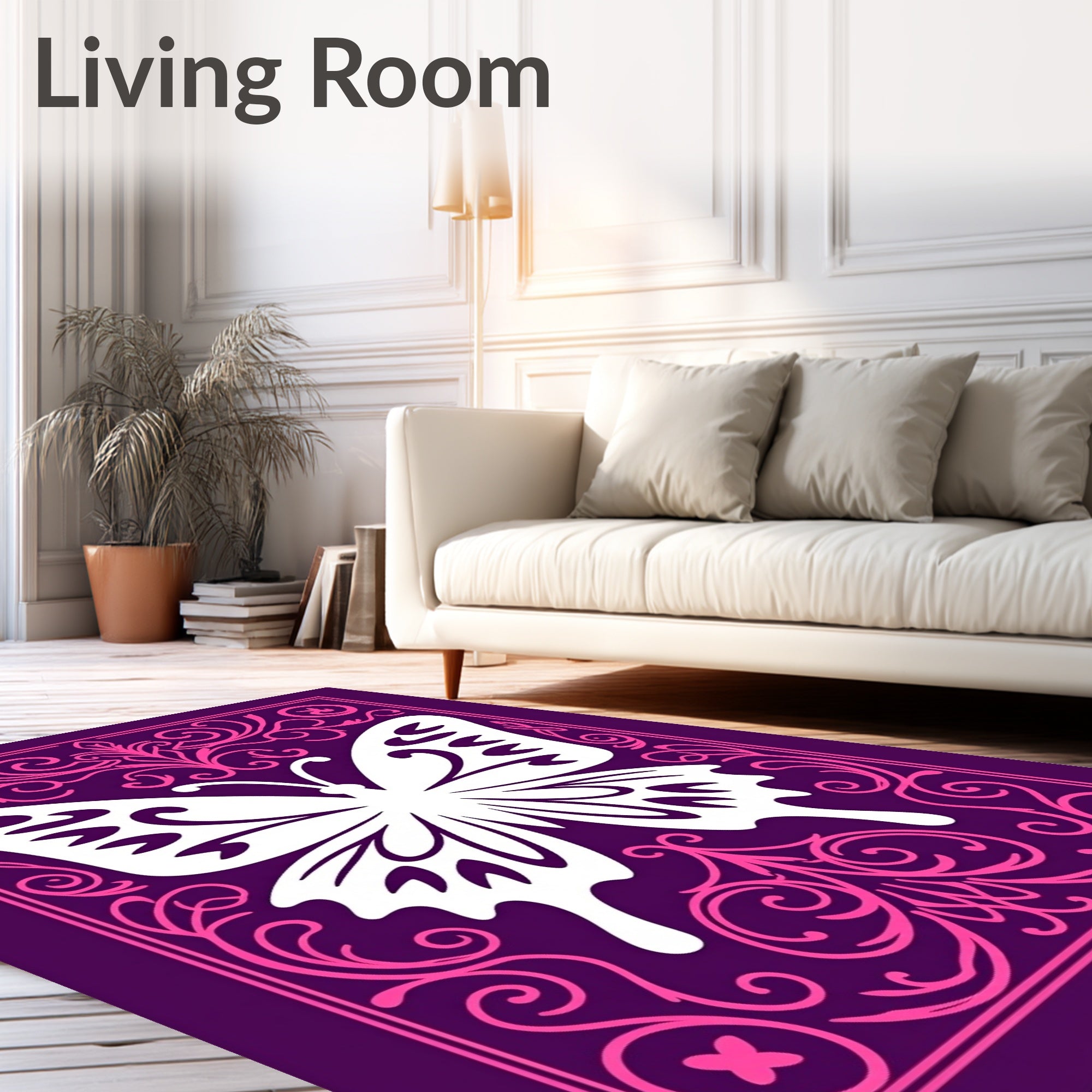 Whimsical Purple Pink Butterfly Garden Rug