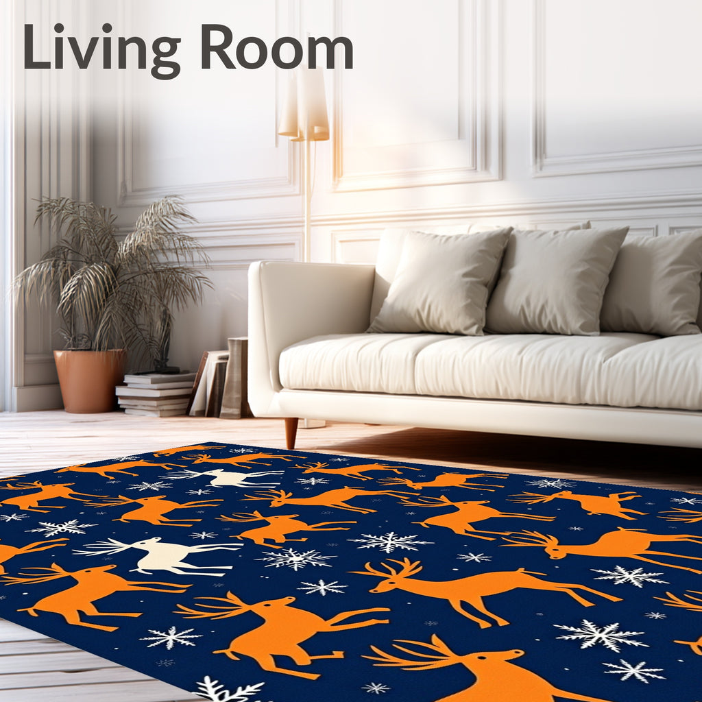Orange Deer with Snowflakes on Navy Rug