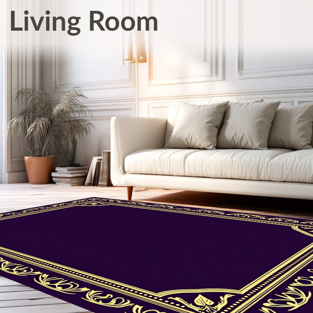 Ornate Golden Floral Purple Border Rug