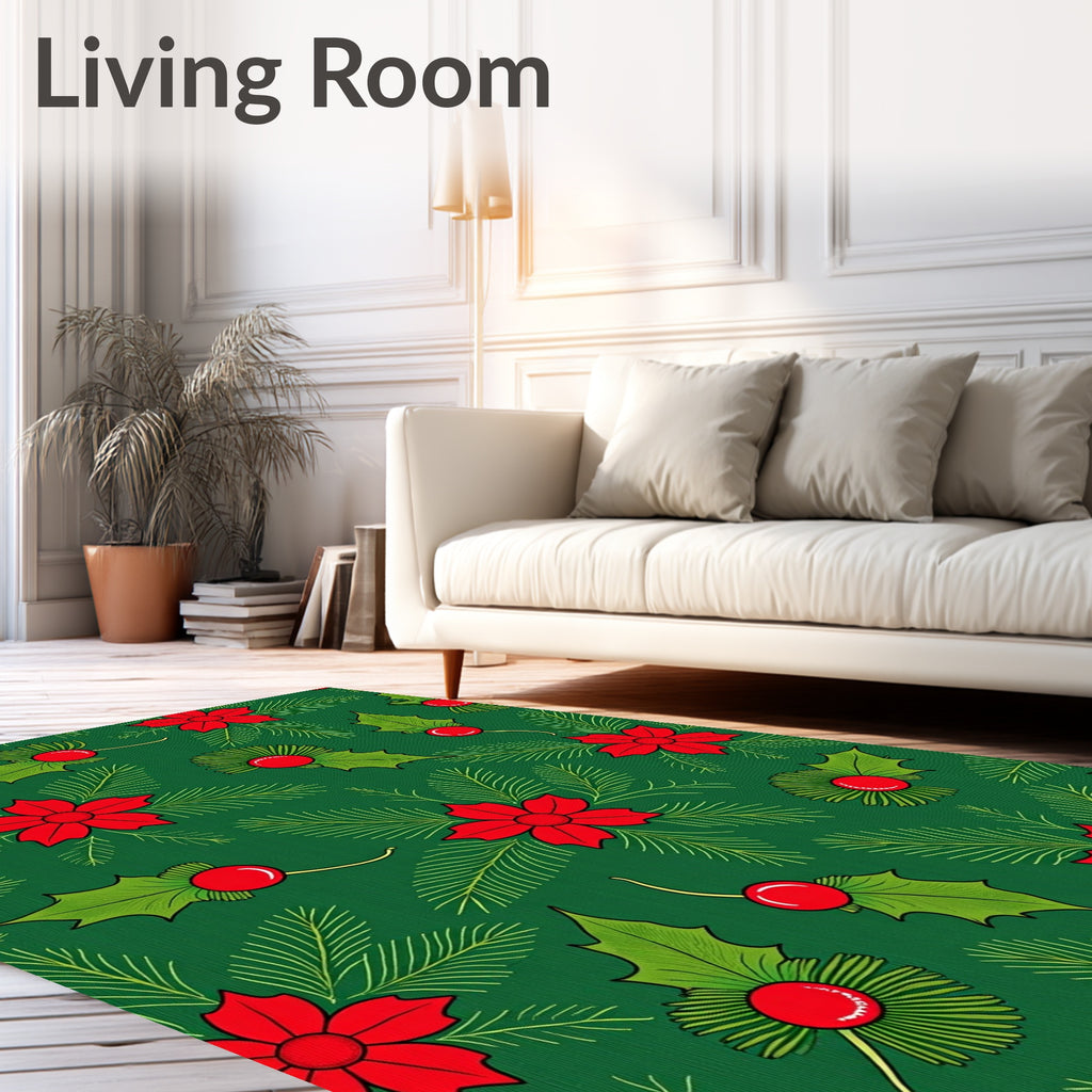Green Red Christmas Holly Poinsettia Sprigs Rug