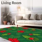 Green Red Christmas Holly Poinsettia Sprigs Rug