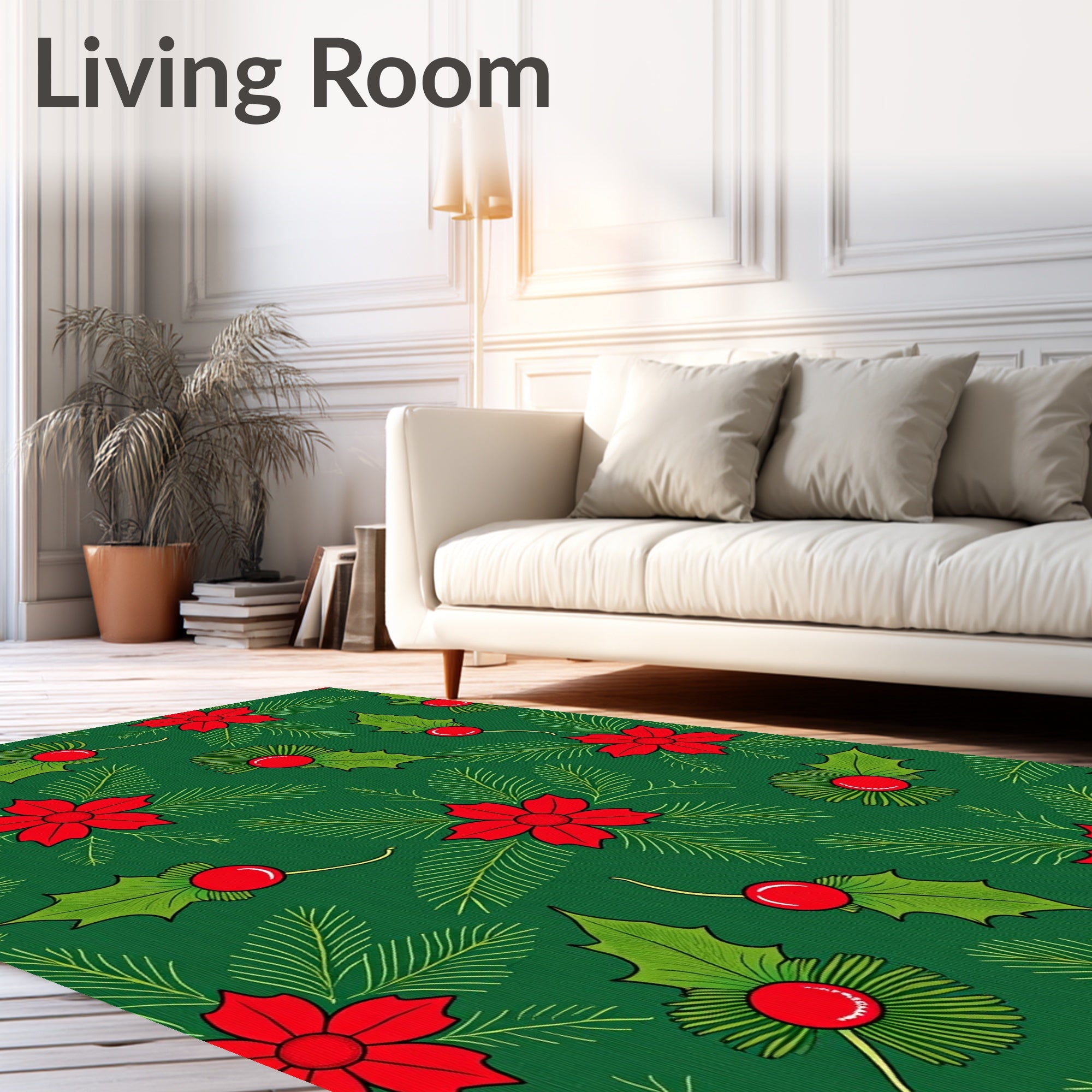 Green Red Christmas Holly Poinsettia Sprigs Rug