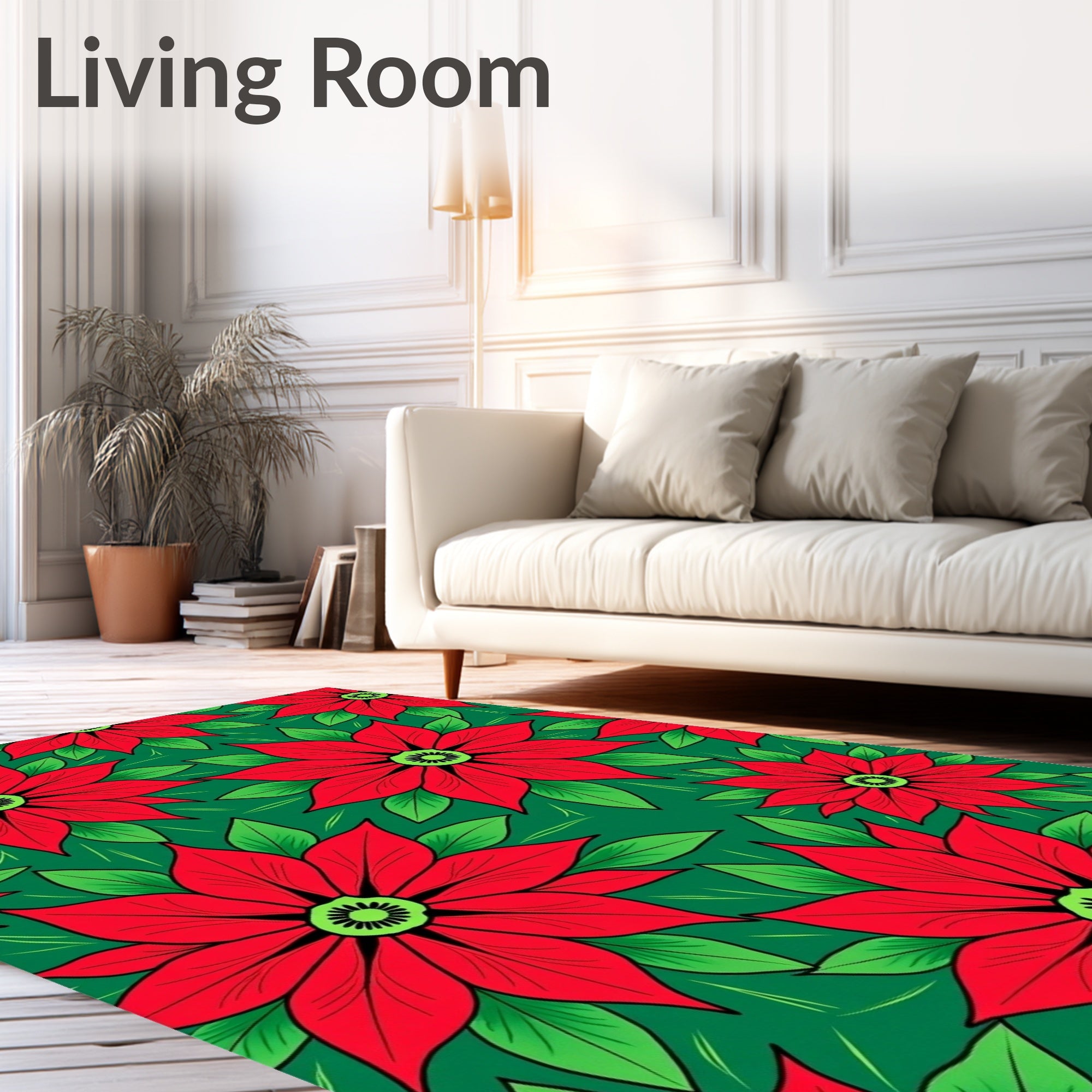 Red Green Large Poinsettia Floral Arrangement Rug
