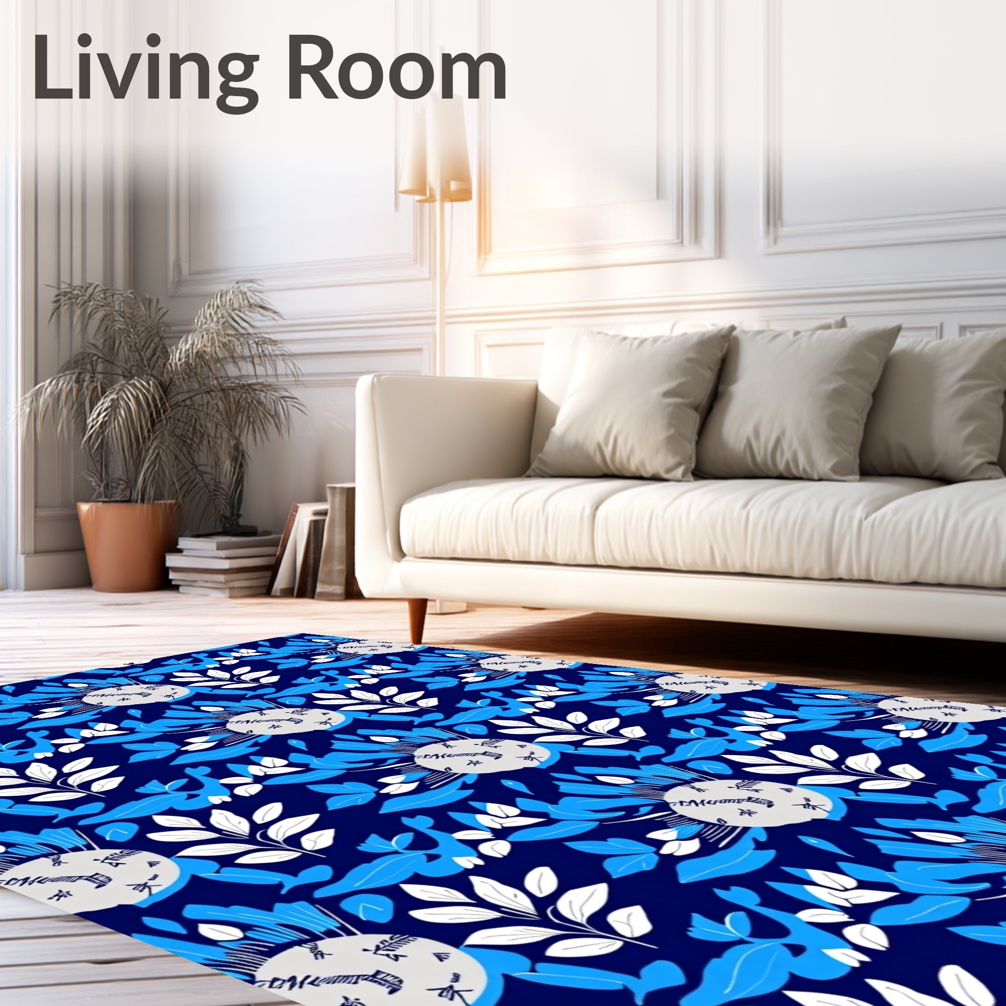 Deep Blue White Leaf Medallion Rug