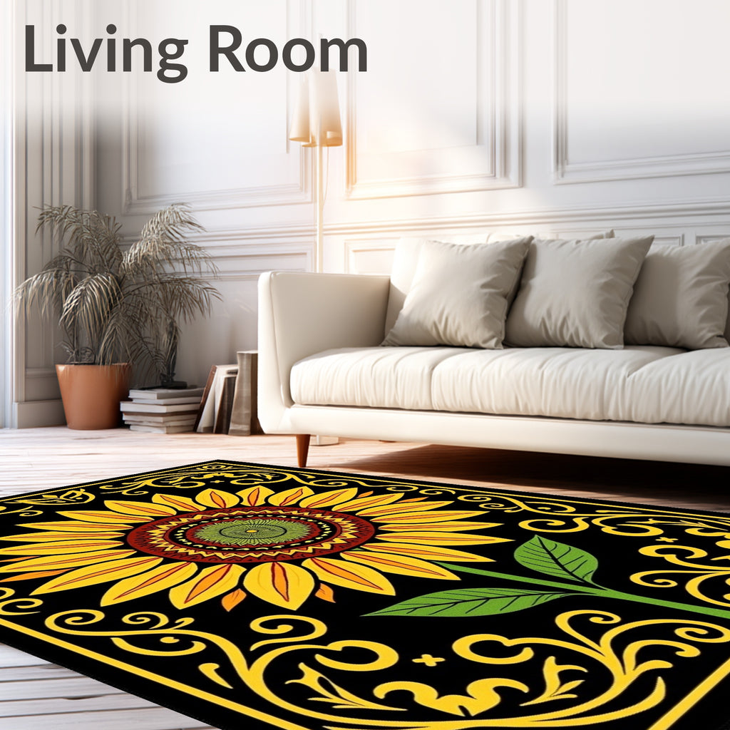 Golden Yellow Sunflower Black Floral Border Rug