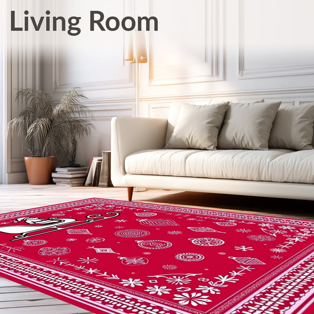 Red Santa Sleigh Ornaments Snowflakes Rug