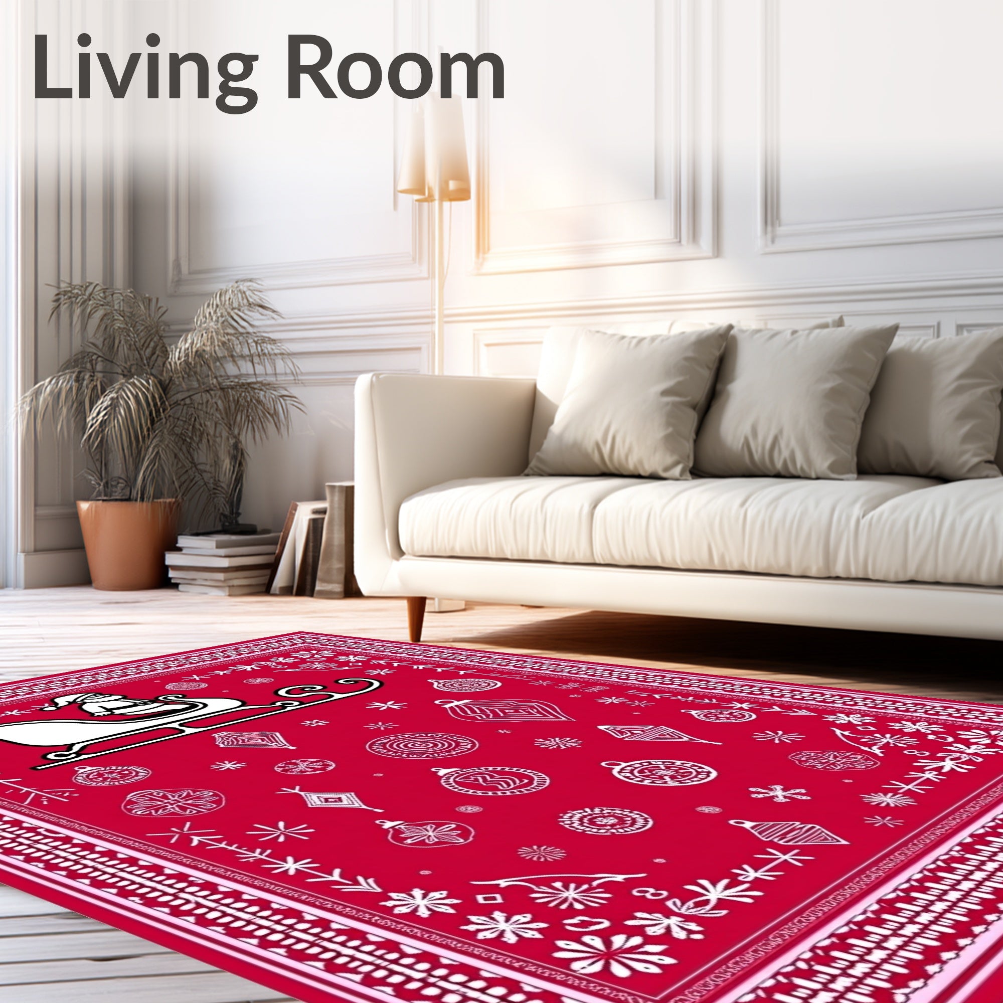 Red Santa Sleigh Ornaments Snowflakes Rug