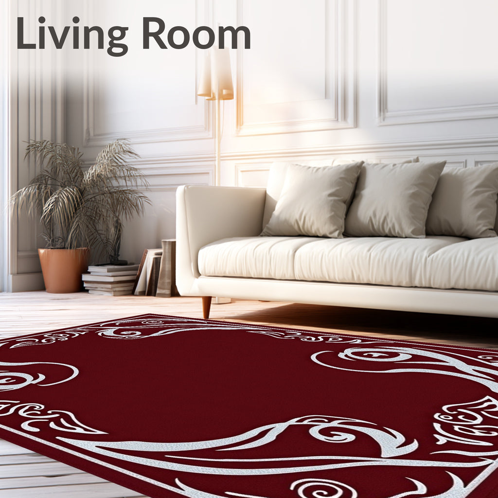 Crimson Silver Swirl Floral Border Rug