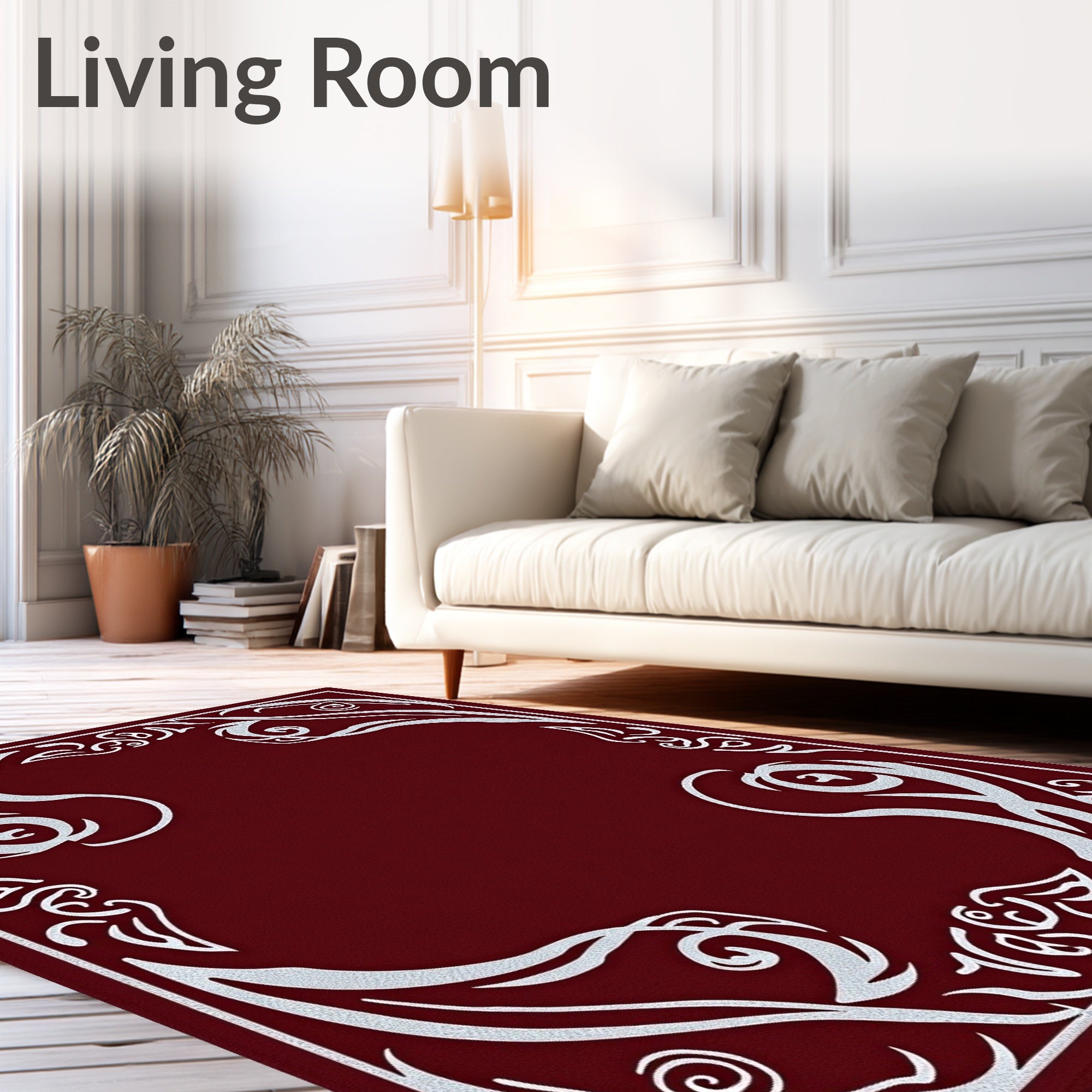 Crimson Silver Swirl Floral Border Rug