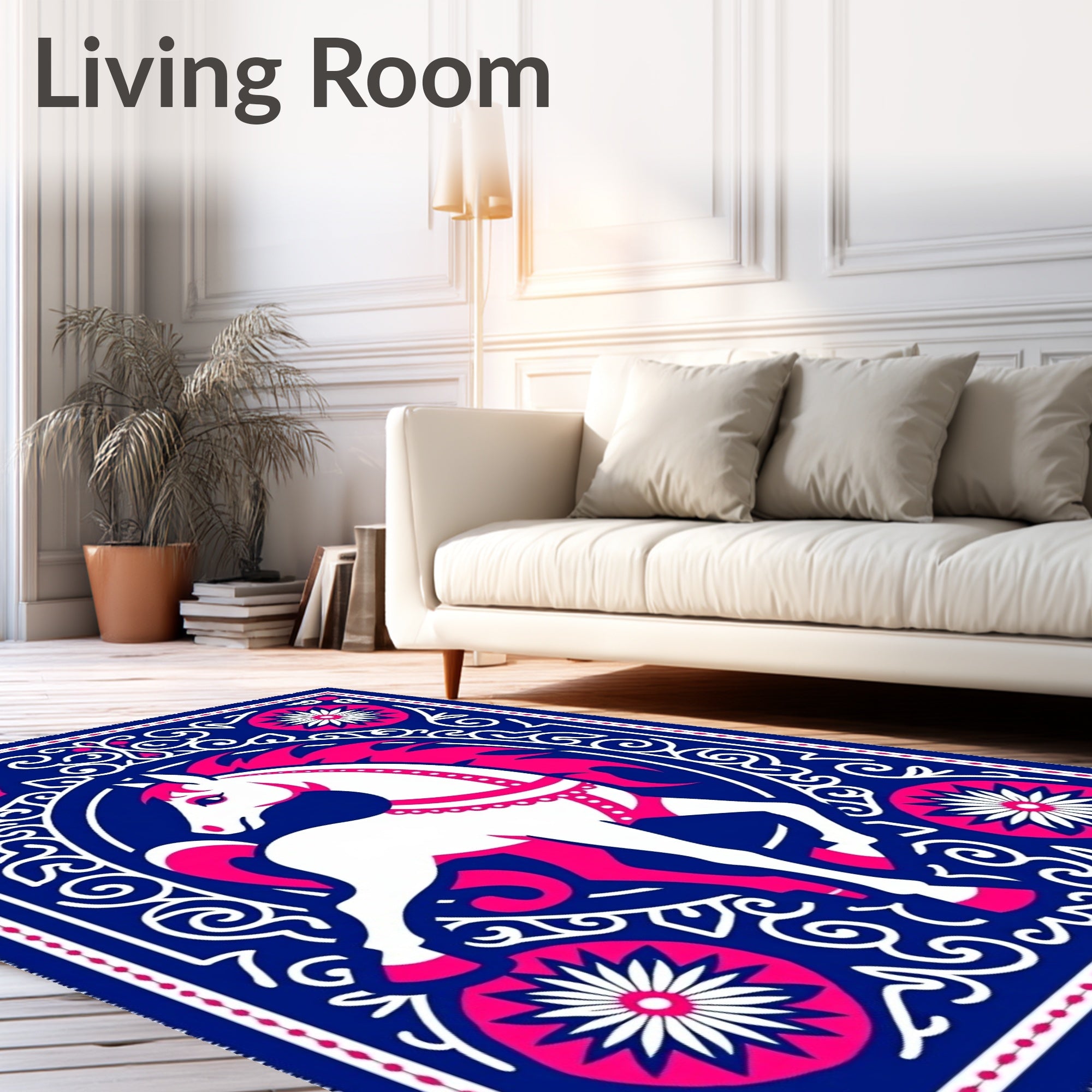 Bold White Horse Pink Mane Navy Rug