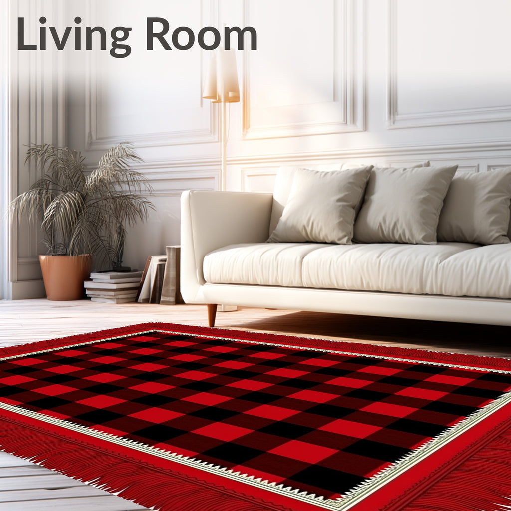 Classic Red Black Buffalo Check Fringe Rug