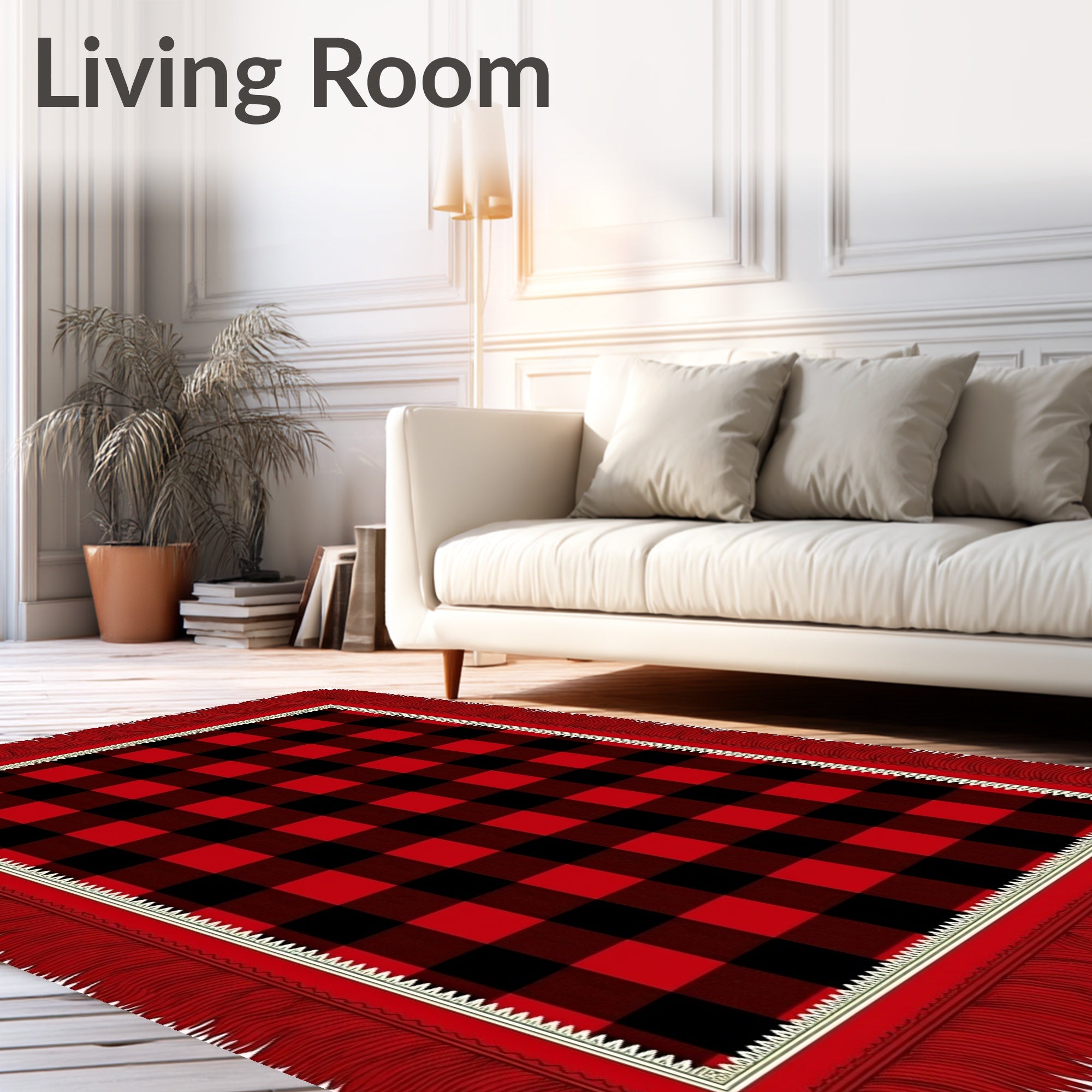 Classic Red Black Buffalo Check Fringe Rug