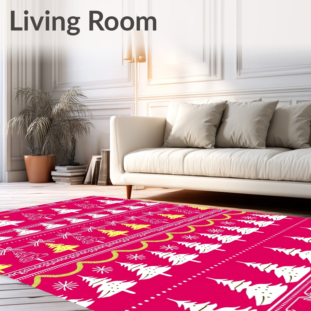 Festive White Christmas Trees Yellow Stars Rug