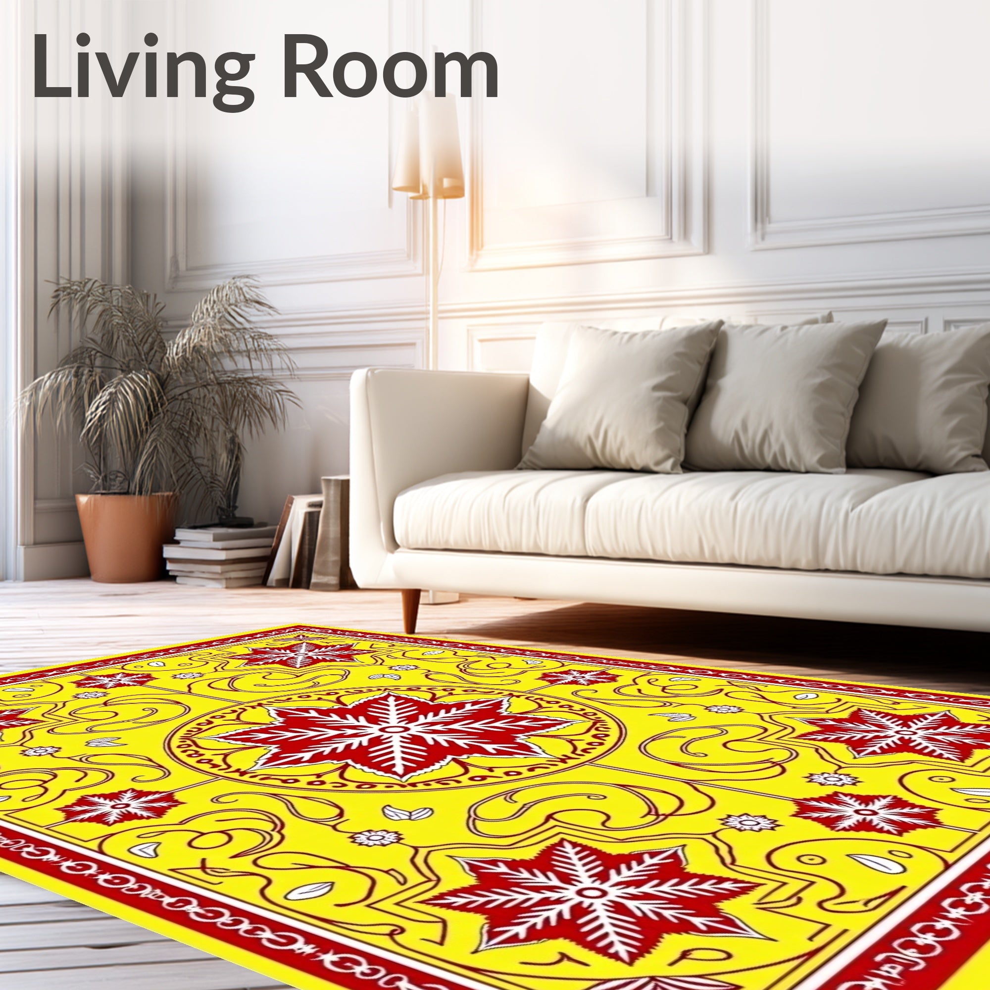 Vibrant Yellow Red Star Medallion Rug