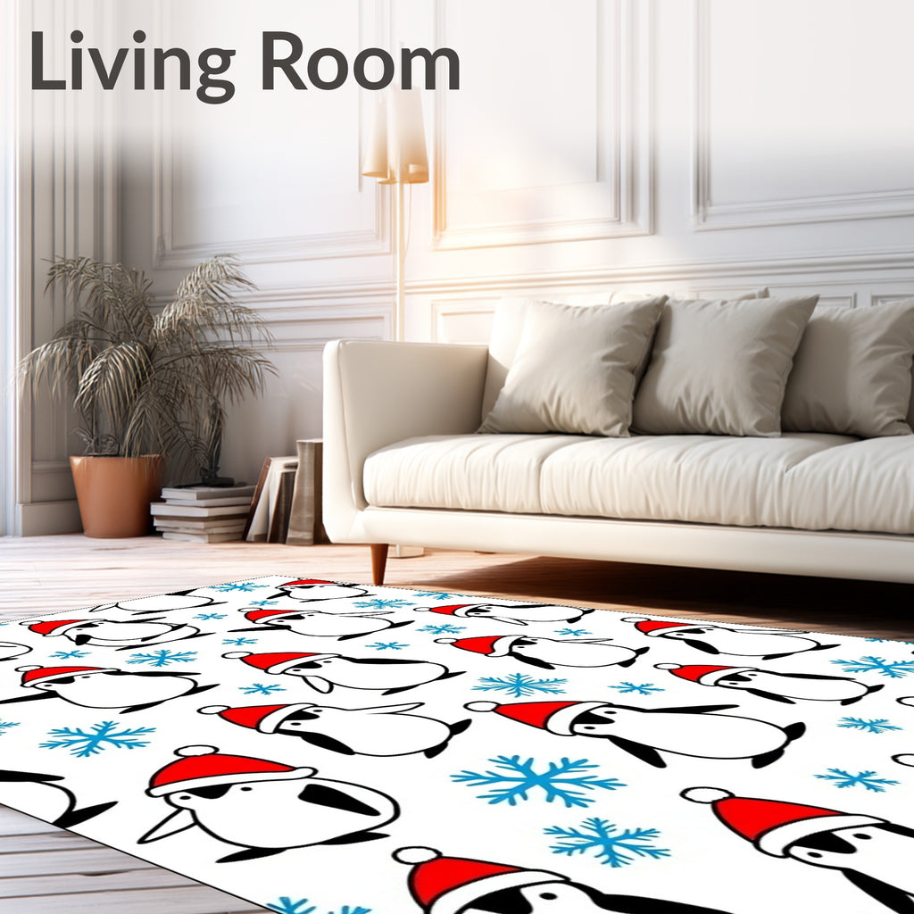 Penguins Christmas Red Hat Snowflakes Rug