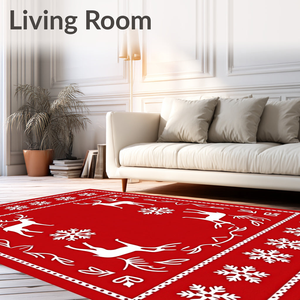 Red White Festive Reindeer Snowflakes Border Rug