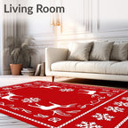 Red White Festive Reindeer Snowflakes Border Rug
