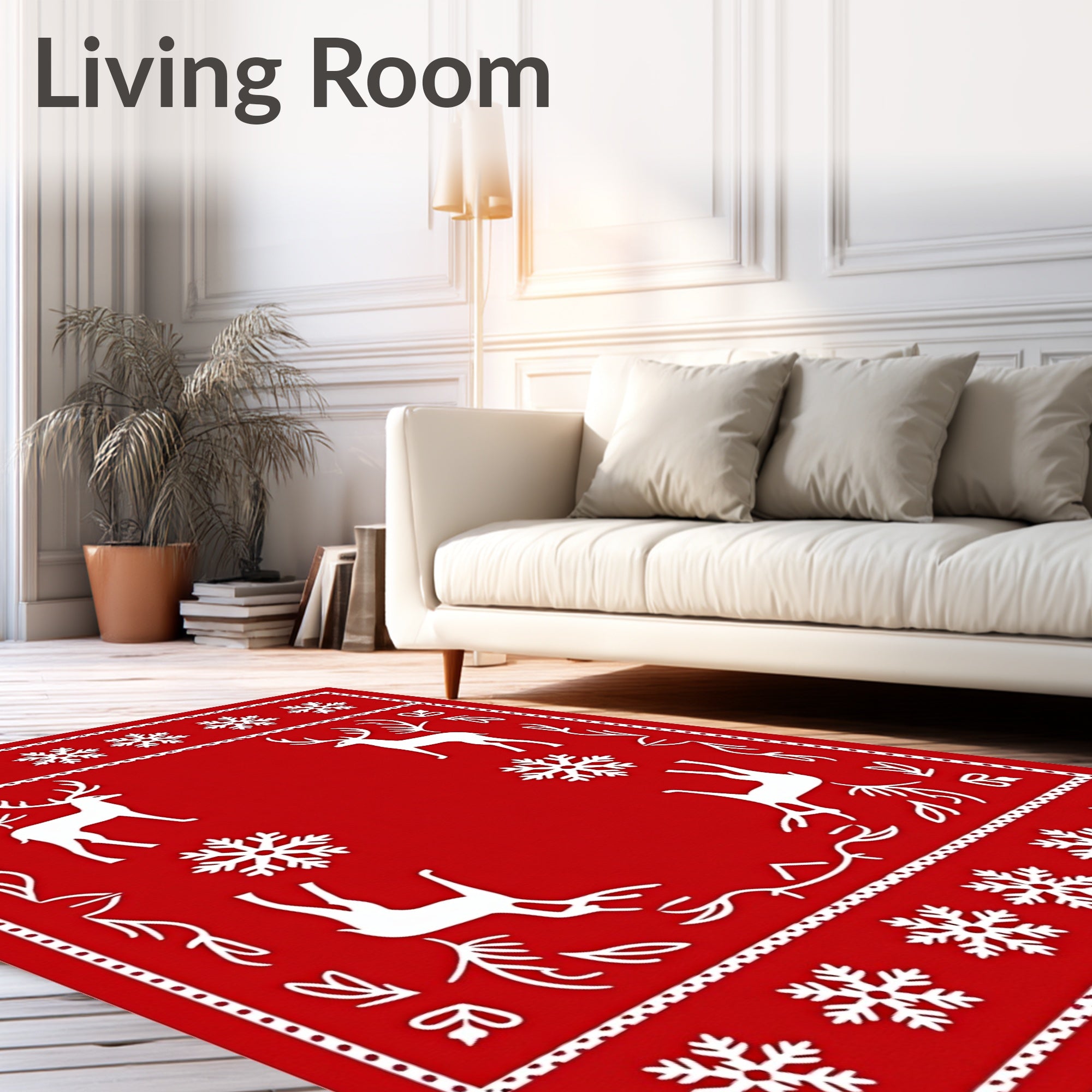 Red White Festive Reindeer Snowflakes Border Rug