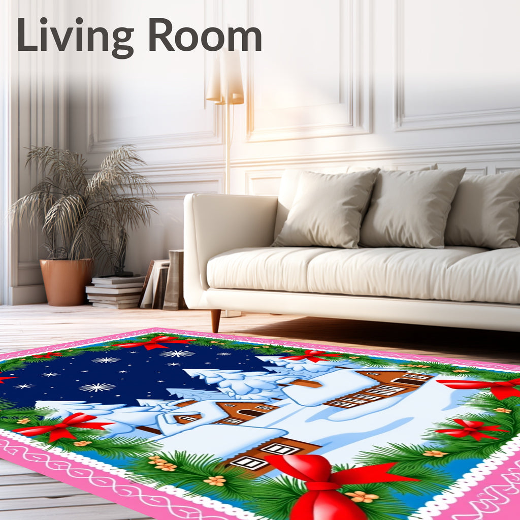 Cozy Snow Village Red Bows Garland Rug