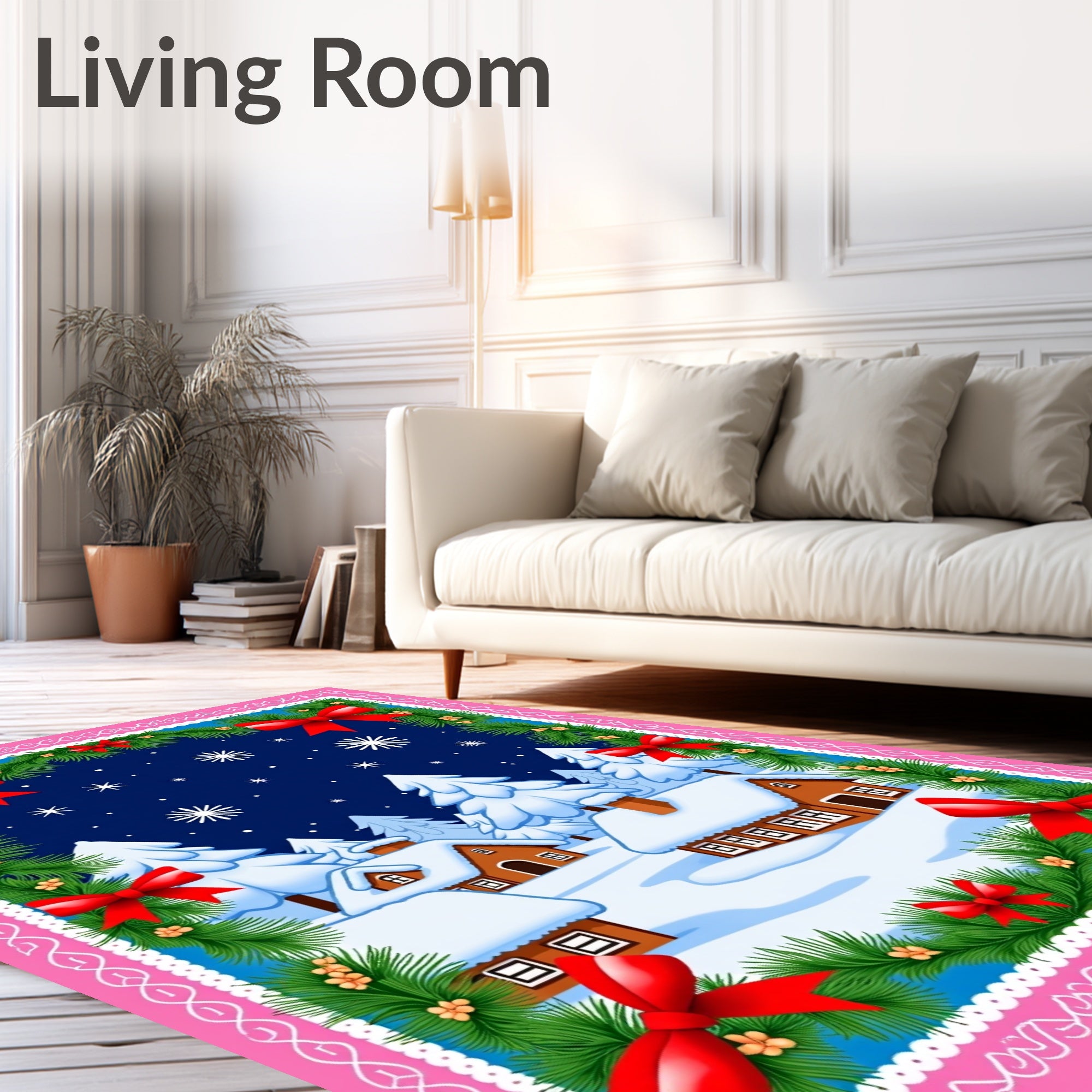 Cozy Snow Village Red Bows Garland Rug