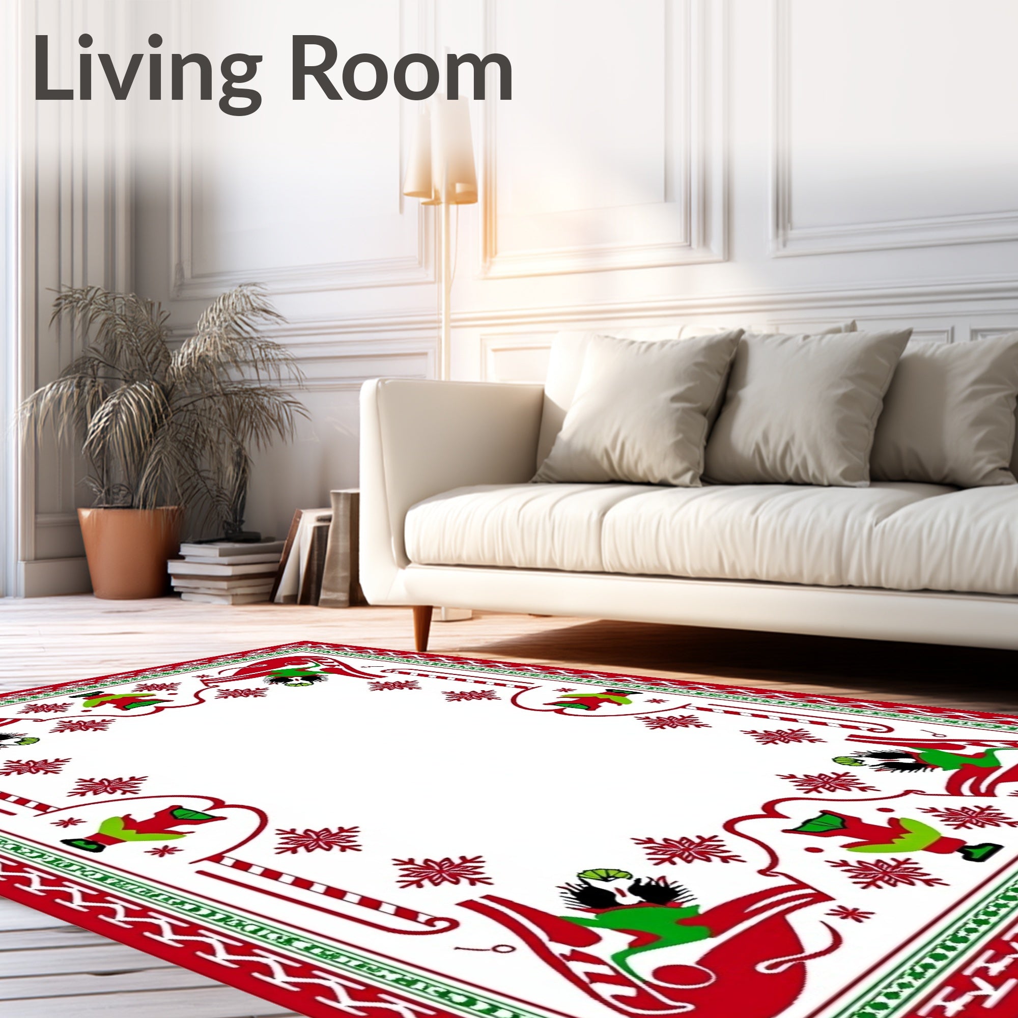 Festive Red Green Elf Snowflake Border Rug