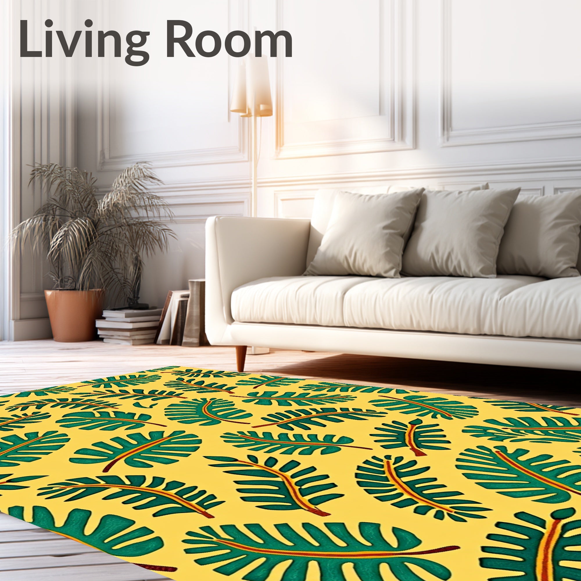 Green Tropical Leaf Yellow Background Rug