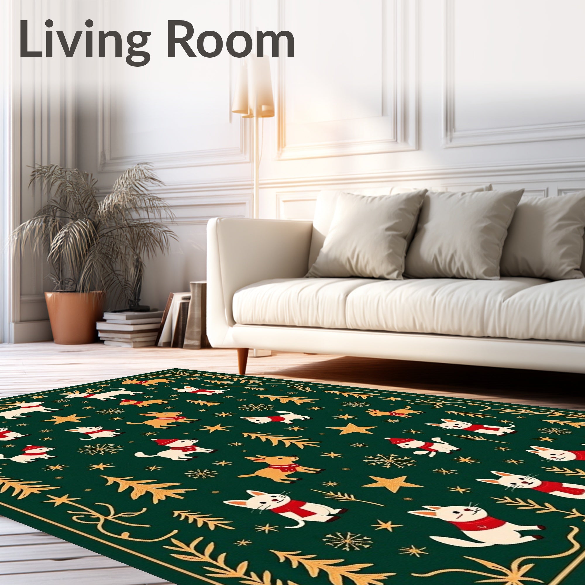 Festive Christmas Animals Gold Stars Green Rug