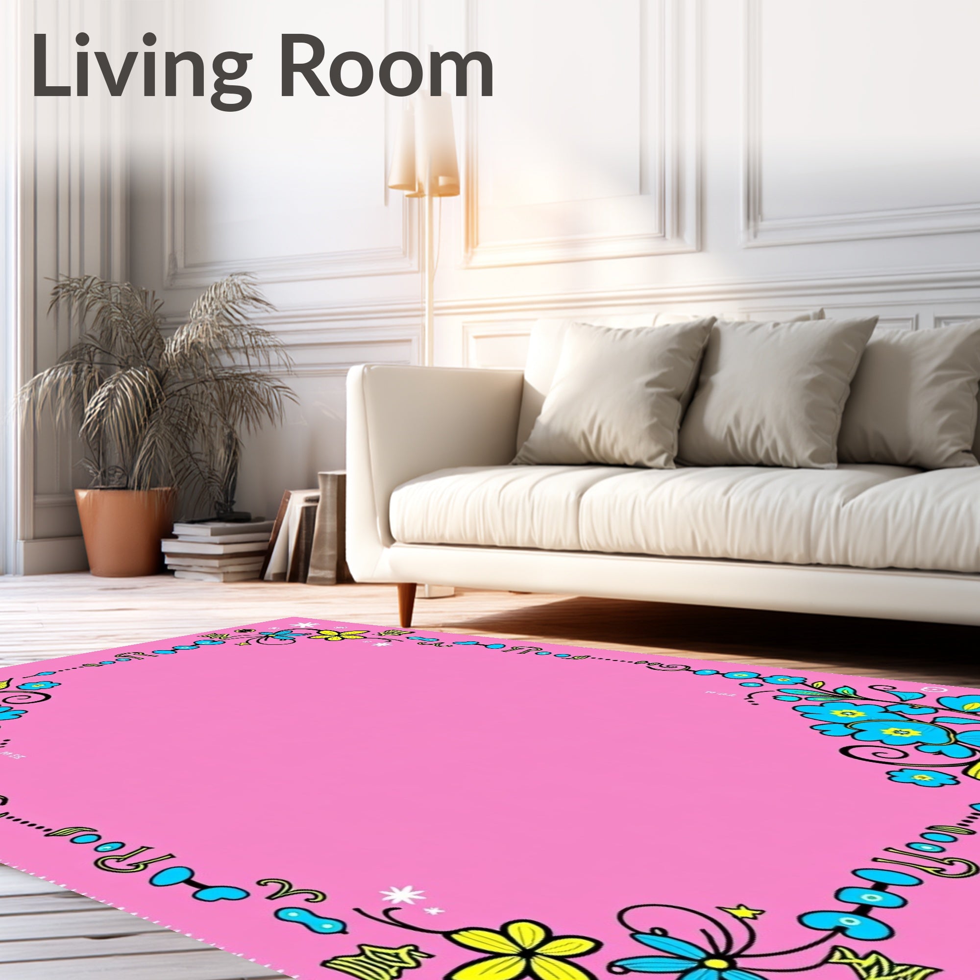 Pink Blue Yellow Floral Whimsical Border Rug