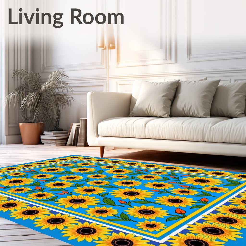 Vibrant Yellow Sunflowers Blue Field Rug