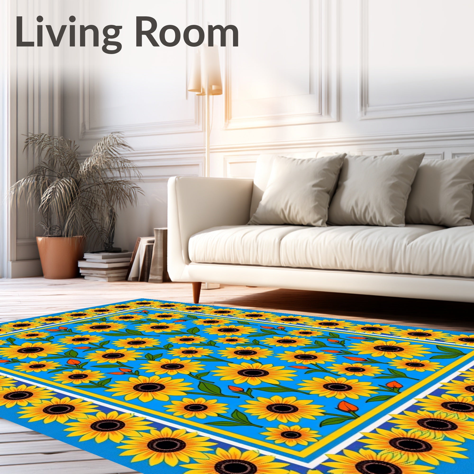 Vibrant Yellow Sunflowers Blue Field Rug