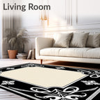 Black White Floral Scroll Border Rug