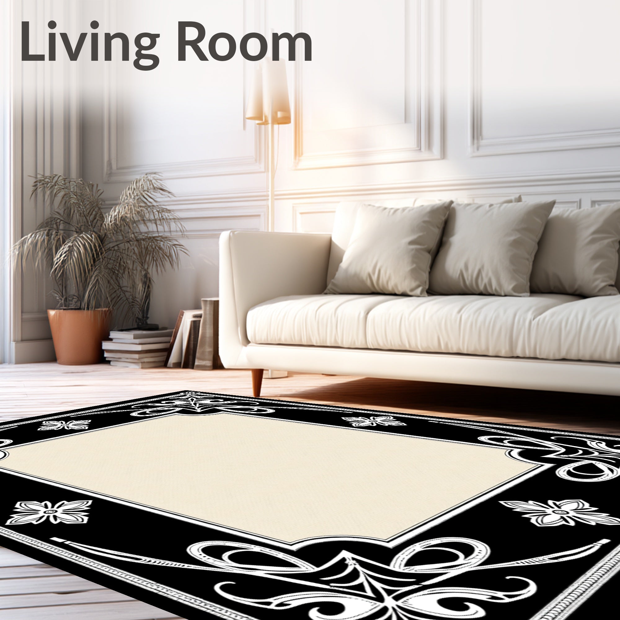Black White Floral Scroll Border Rug
