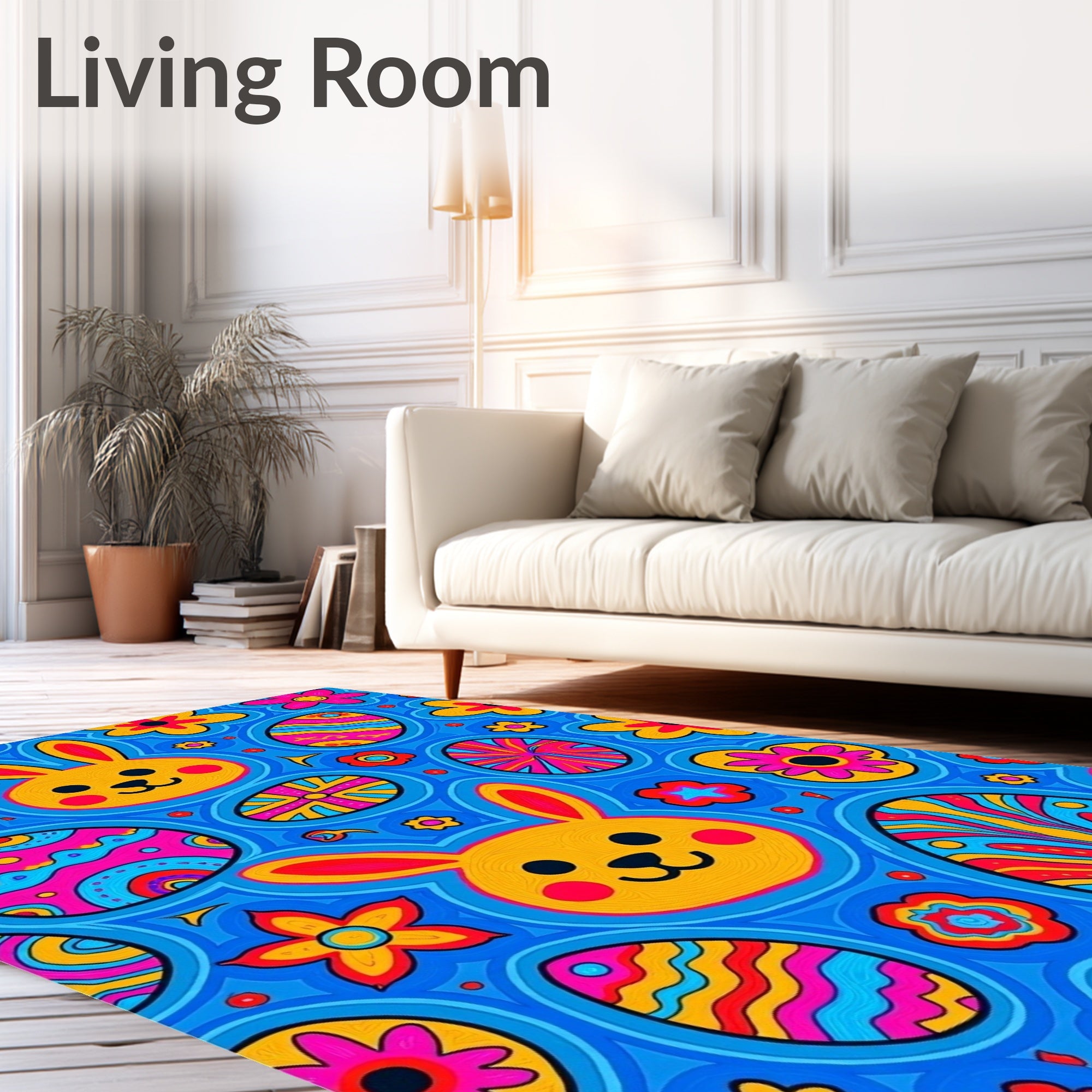 Vibrant Yellow Bunny Easter Egg Flowers Rug