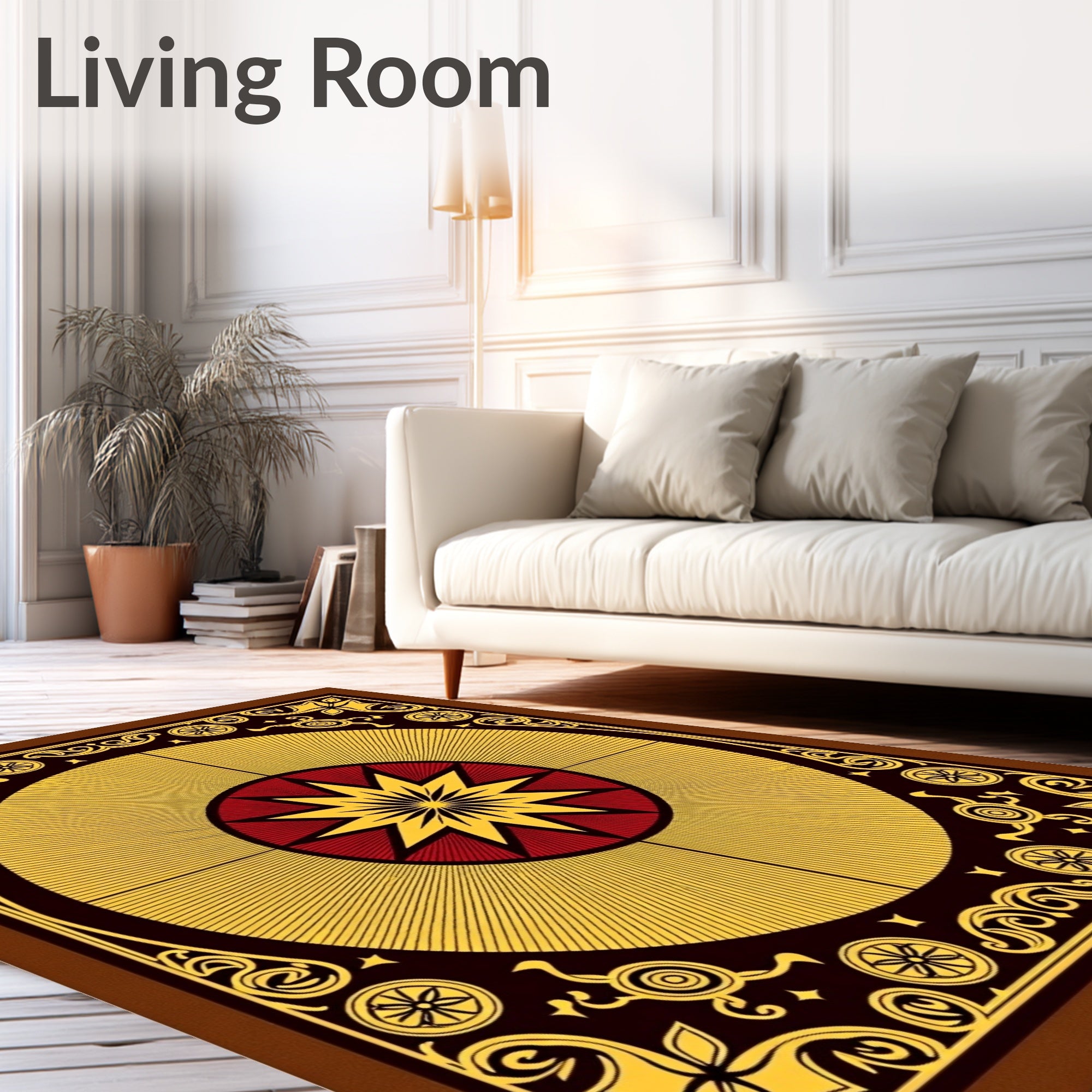 Crimson Yellow Sunburst Medallion Frame Rug