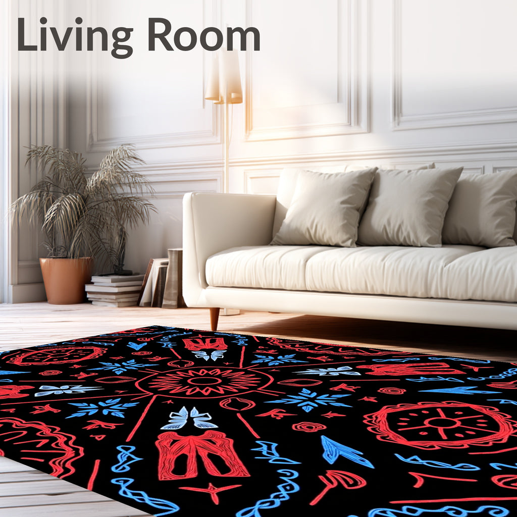 Red Blue Stylized Geometric Sunburst Rug