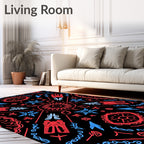 Red Blue Stylized Geometric Sunburst Rug