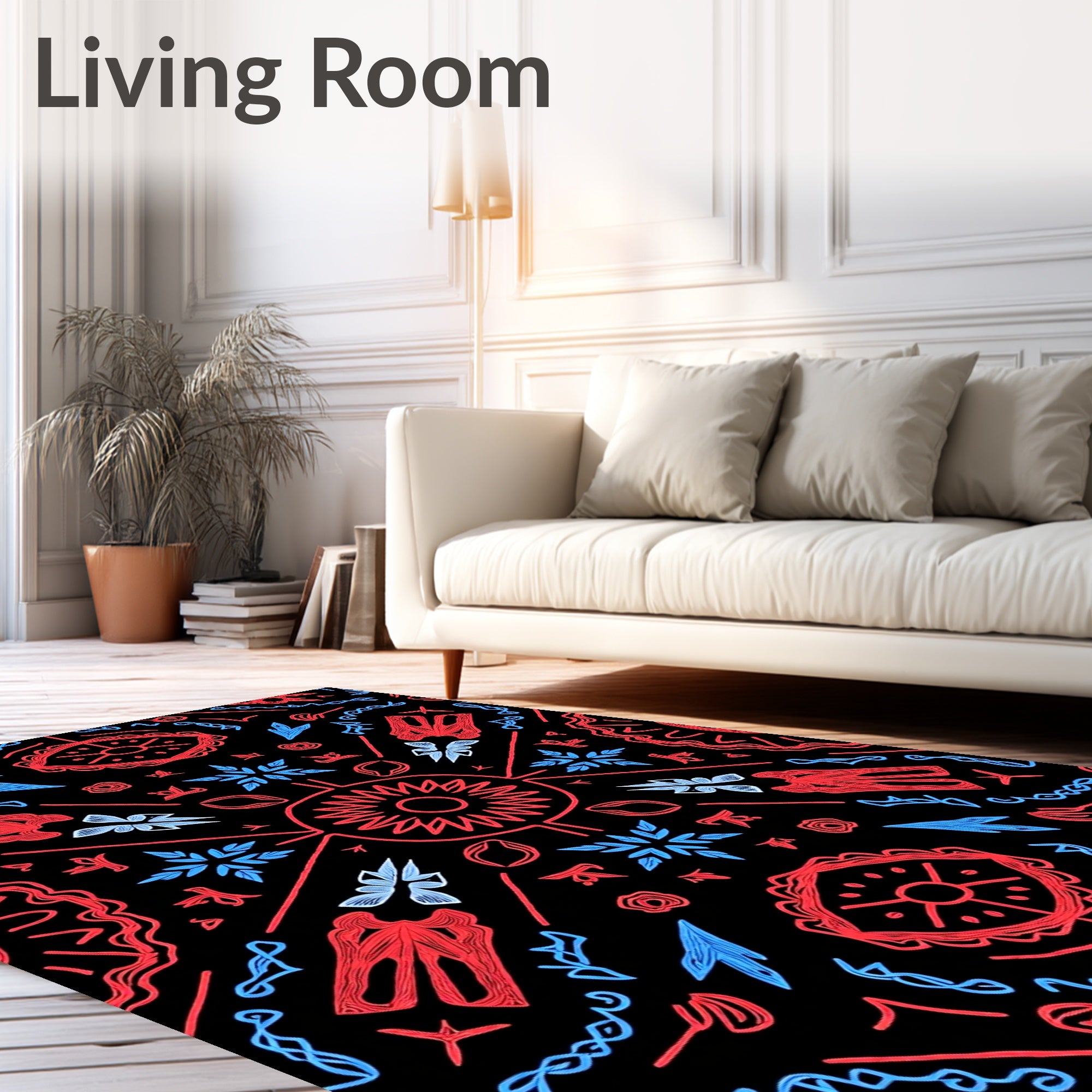 Red Blue Stylized Geometric Sunburst Rug