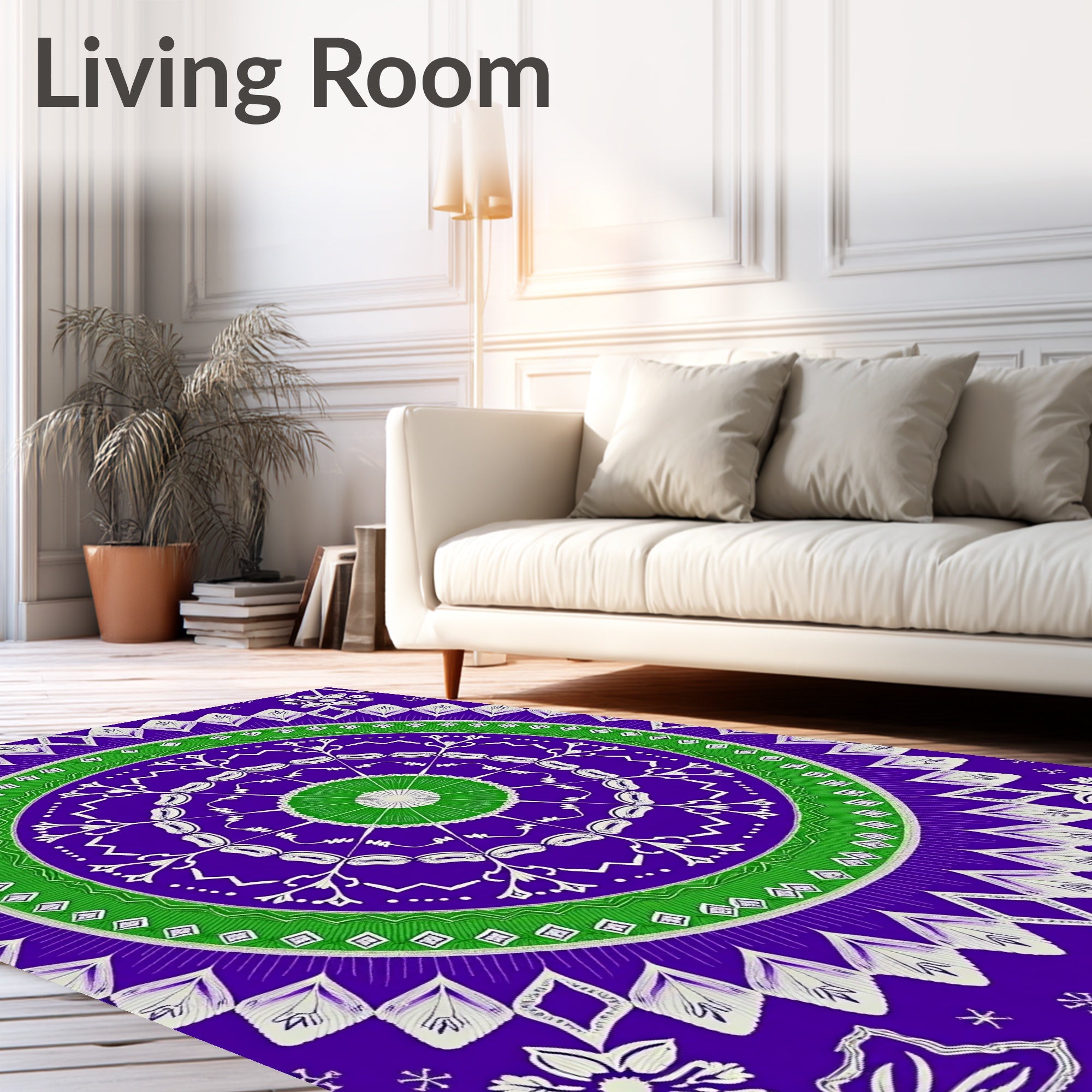 White Floral Mandala On Purple And Green Rug