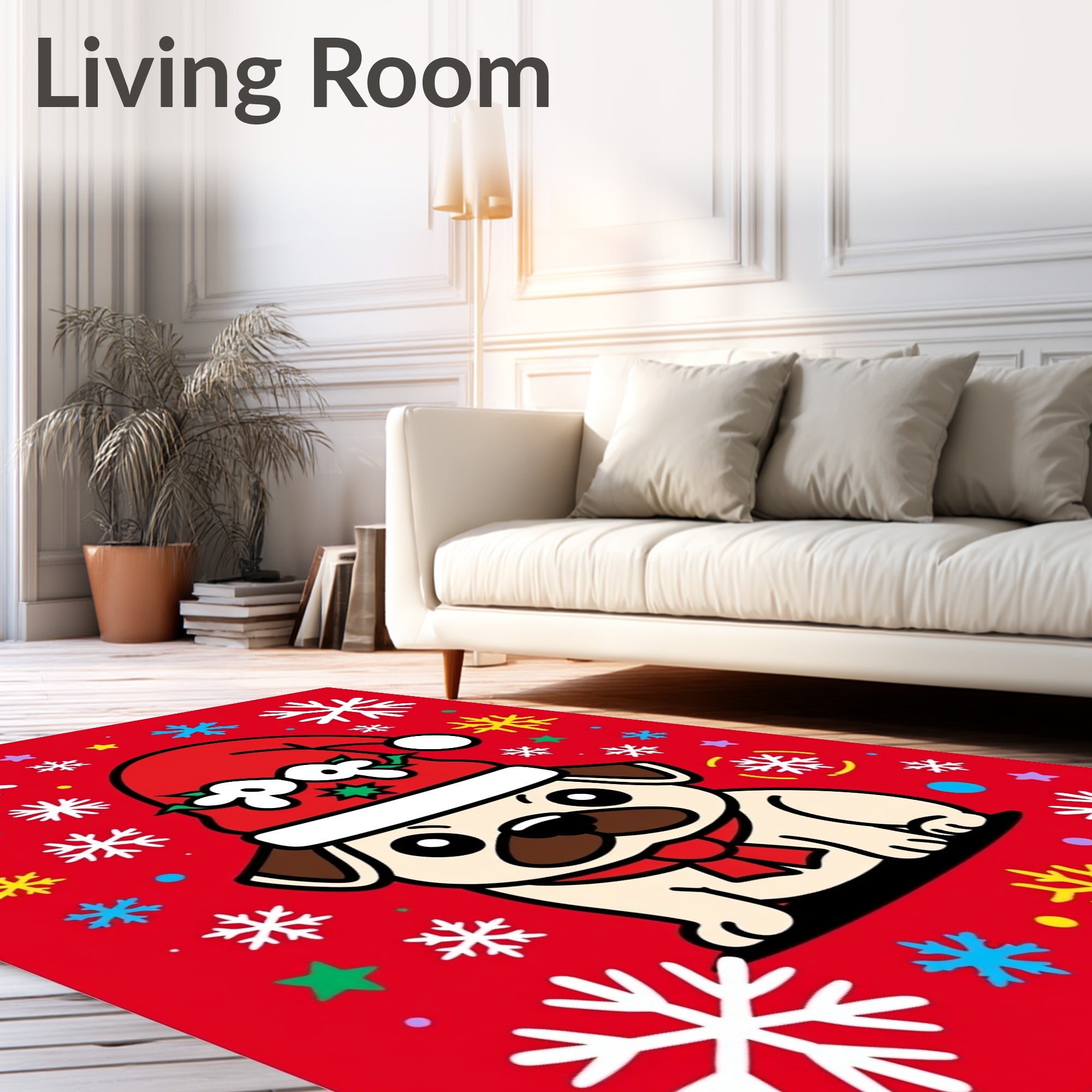 Red Pug Wearing Santa Hat Snowflakes Rug