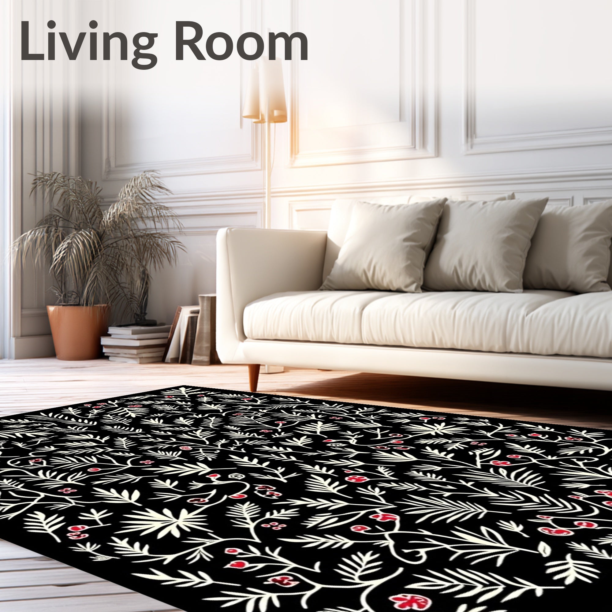 Black Cream Red Foliage All-over Rug