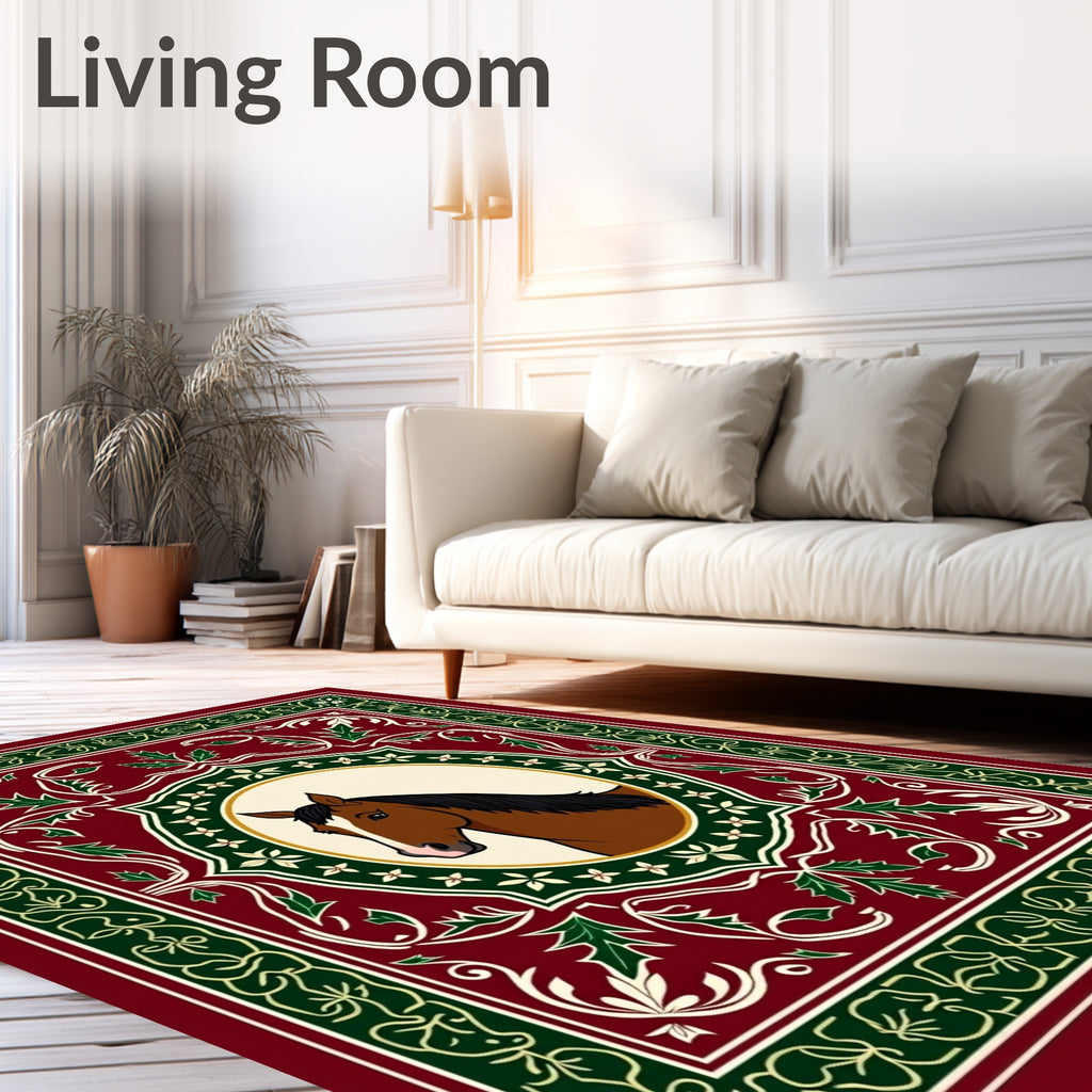 Vintage Red Horse Emblem Scrollwork Rug