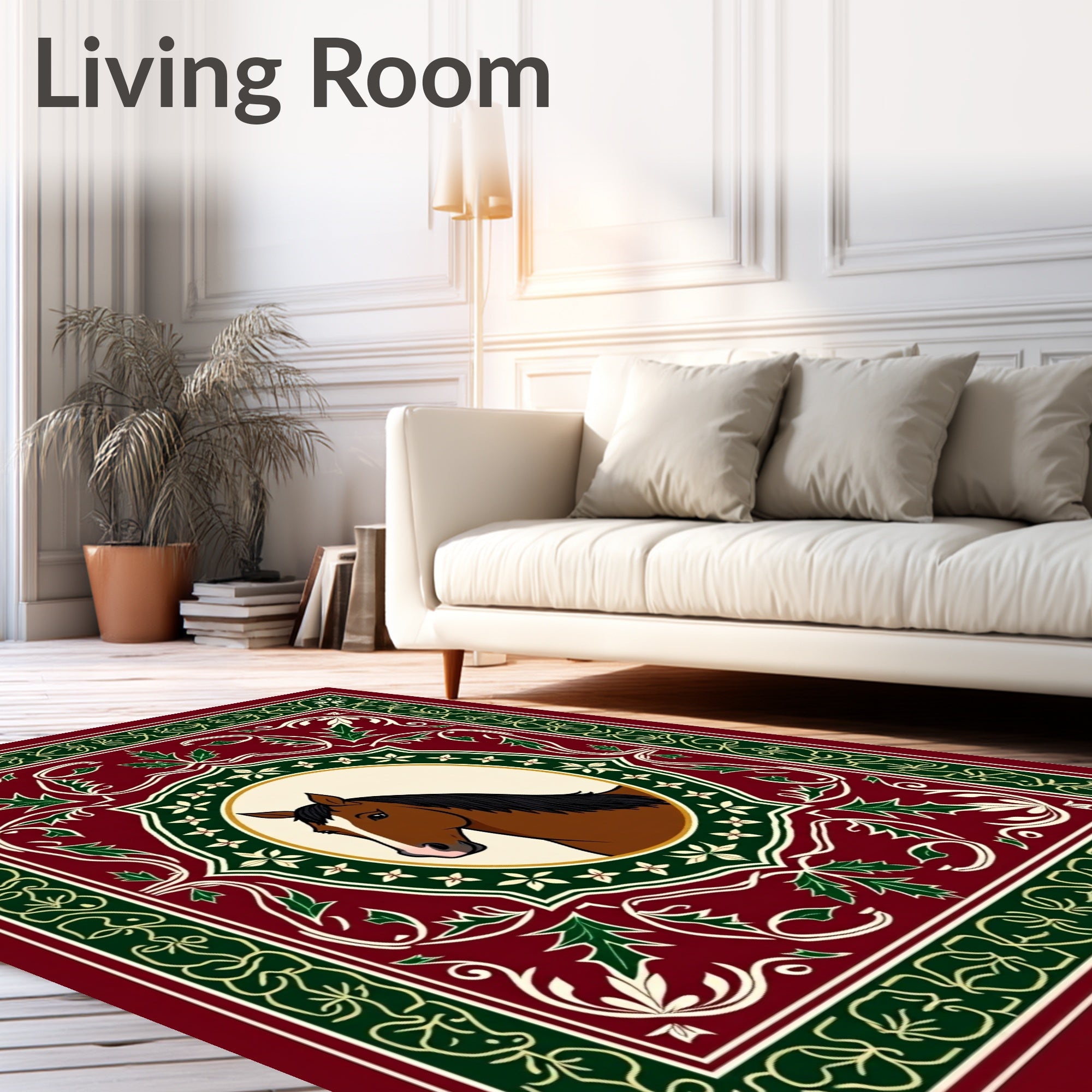 Vintage Red Horse Emblem Scrollwork Rug